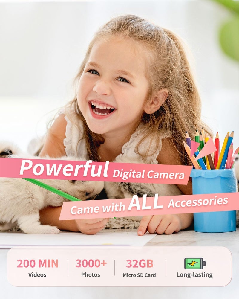 Lecran كاميرا رقمية، كاميرا للأطفال بدقة FHD 1080P بنقطة وتصوير، مع بطاقة 32 جيجابايت، 2 بطاريات، زوم 16X مضاد للاهتزاز، تاريخ الطابع، صغيرة محمولة، للمبتدئين الأطفال المراهقين الطلاب الفتيات الأولاد (وردي) - Image 4